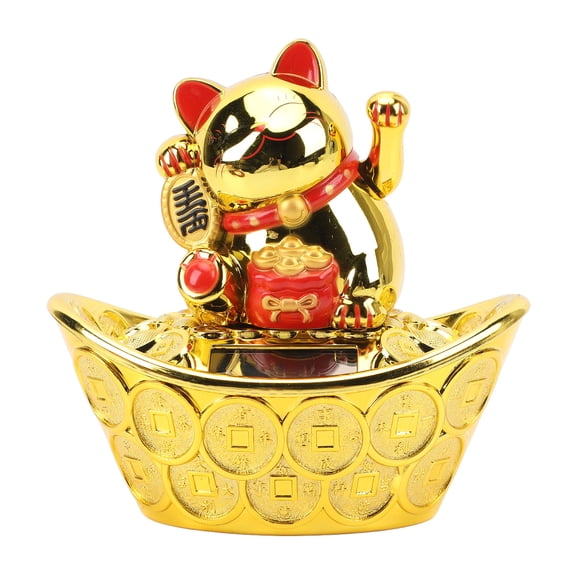 YAHHU Solar Powered Arm Waving Fortune Cat Golden Lucky Welcoming Ornament 4.3 Inches Light Sensing Plastic Feng Shui Decoration For Cashier Desk