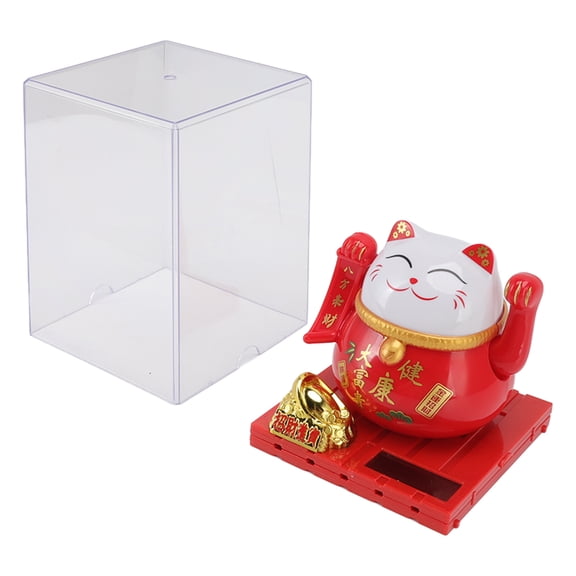 YAHHU Solar Powered Waving Red Fat Cat Good Luck Wealth Welcoming Fortune Figurine Home Office Desk Decor 3.3 inches Large Size