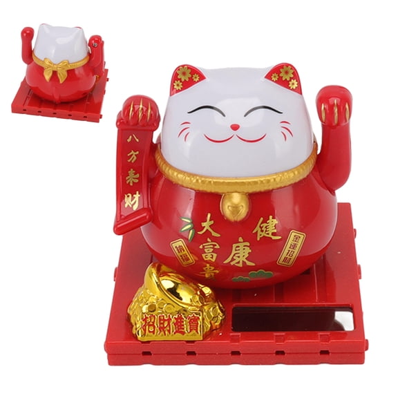 YAHHU Solar Waving Lucky Cat Ornament Red, BatteryFree, HandWaving, SolarPowered Home & Car Decor, Gift for Prosperity