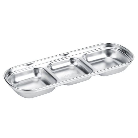 YAHHU Stainless Steel 3-Compartment Sauce Dish, Rectangle Condiment Serving Plate (8.5 inches / 21.5 cm) for Soy Sauce, Vinegar & Dips, Silver, 1 Count