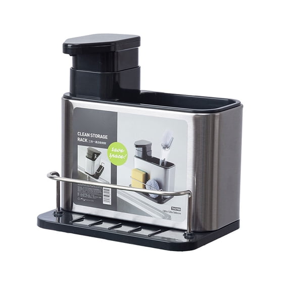 YAHHU Stainless Steel Sponge Holder 3-in-1 Kitchen Sink Organizer, Rust-Resistant Sink Caddy and Soap Pump Dispenser for Countertop Storage, Silver (7.1 x 5 x 7.4 Inches / 18 x 12.8 x 18.8 cm)