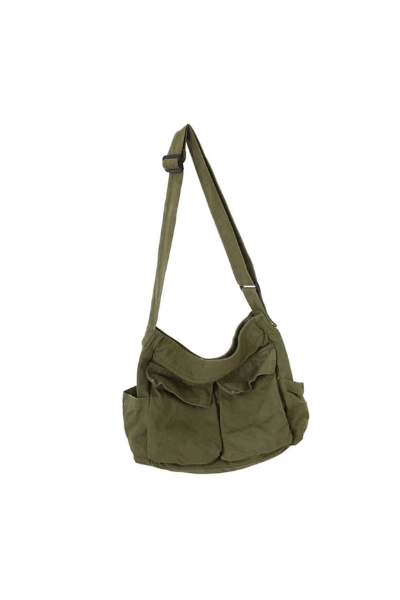 Tooling Type Crossbody Shoulder Messenger Bag for Men and Women, Ins Canvas Student School Bag, Street Large Capacity Art Leisure Travel Bag, Adjustable Strap, Solid Green Color, 13.4in / 34 cm