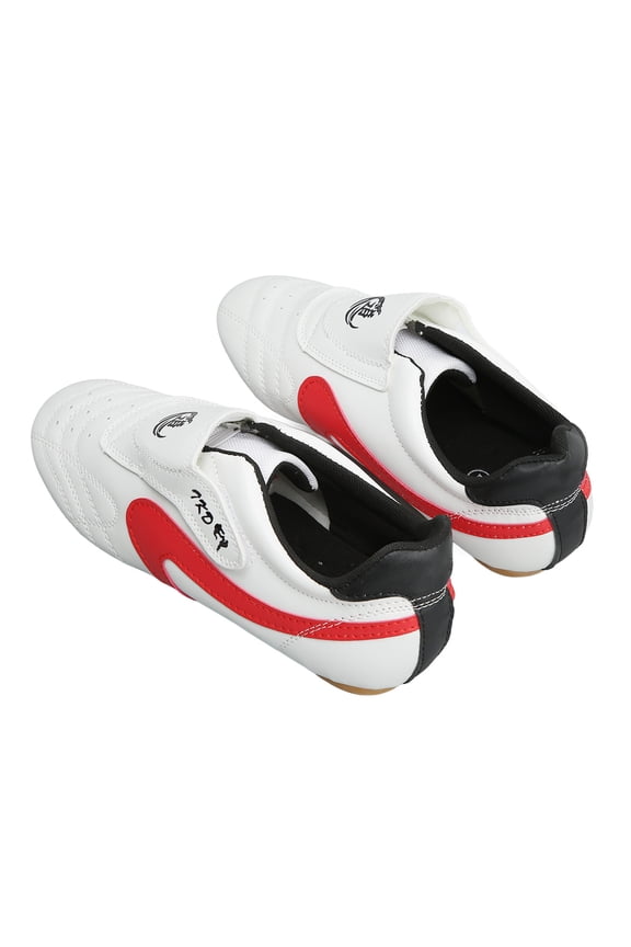 Unisex Adult PU Leather Oxford Sole Breathable Taekwondo Martial Arts Shoes, Size 43 (White/Red) [cite: 22, 23]