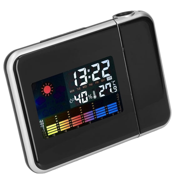 YAHHU Weather Station Clock Temperature Humidity LCD Color Display LED Backlight Projection Alarm Clock Black 6.3 inches / 16 cm