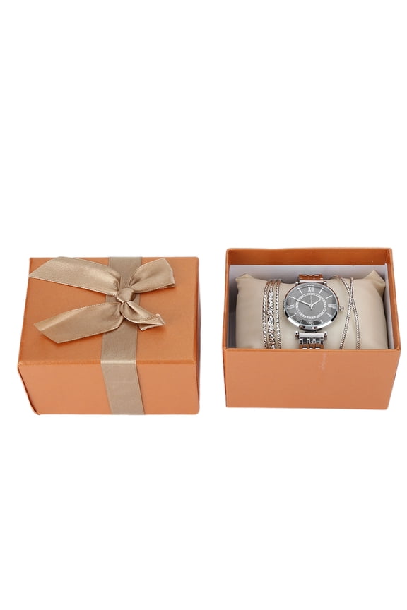Women's Watch and Bracelet 3-Piece Jewelry Gift Set, Rhinestone Accents, Roman Numeral Dial, Silver & Black