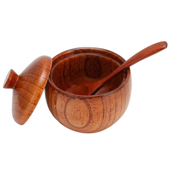 YAHHU Wood Spice Pot Sugar Bowl Salt Pepper Seasoning Box with Spoon and Lid Kitchen Tool (3.54 inches / 9 cm)