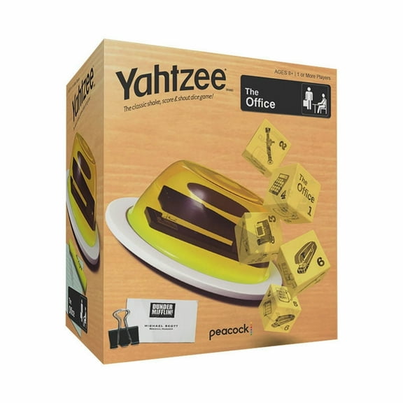 YAHTZEE: The Office Edition, Exclusive Stapler-in-Jello Dice Cup, Roll Your Way to Victory Dunder Mifflin Style, Classic Party Game for Fans, Adults & Families, Official Merchandise & Collectible