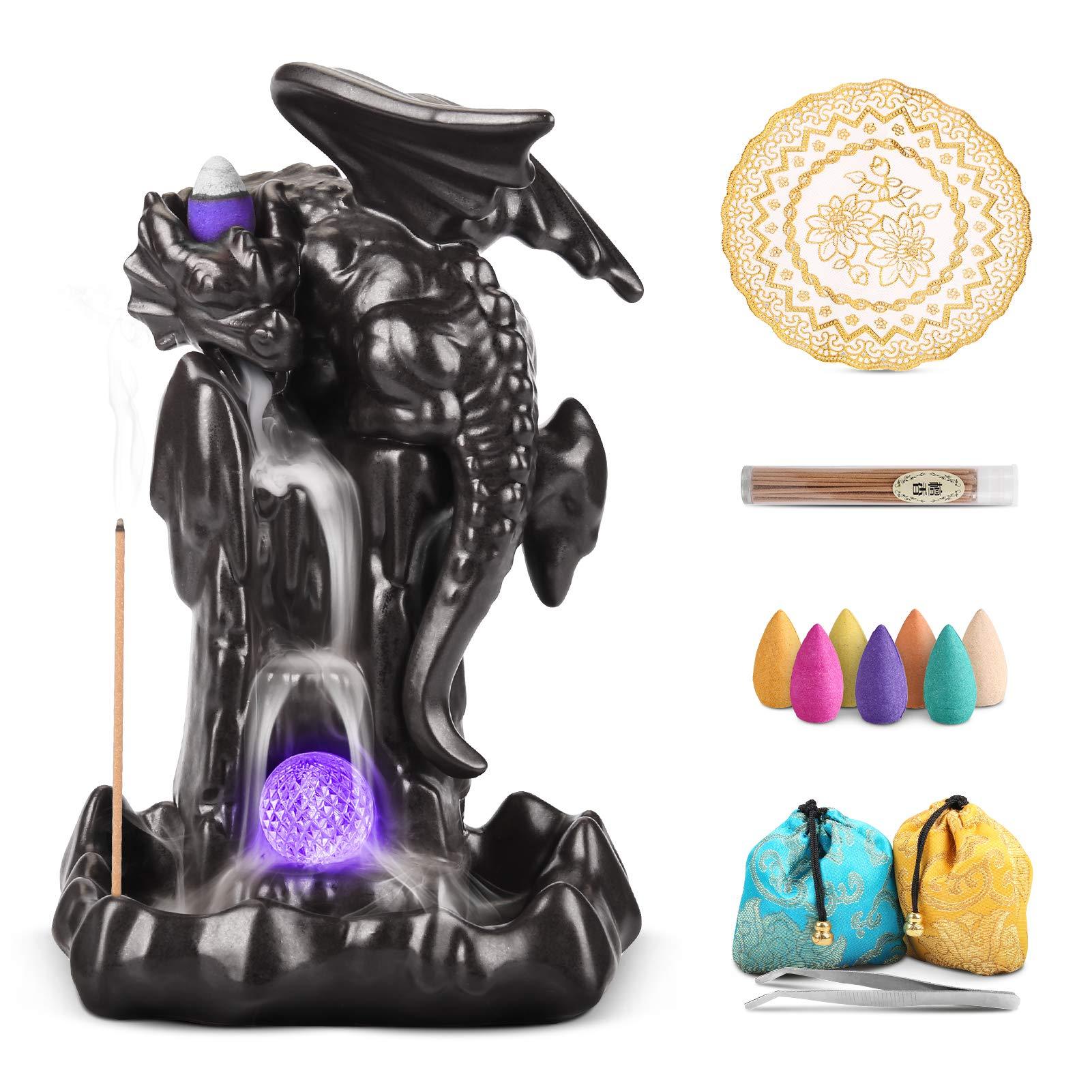 YAJODI Dragon Backflow Incense Holder Waterfall Incense Burner, Smoke Incense Holder,with 70