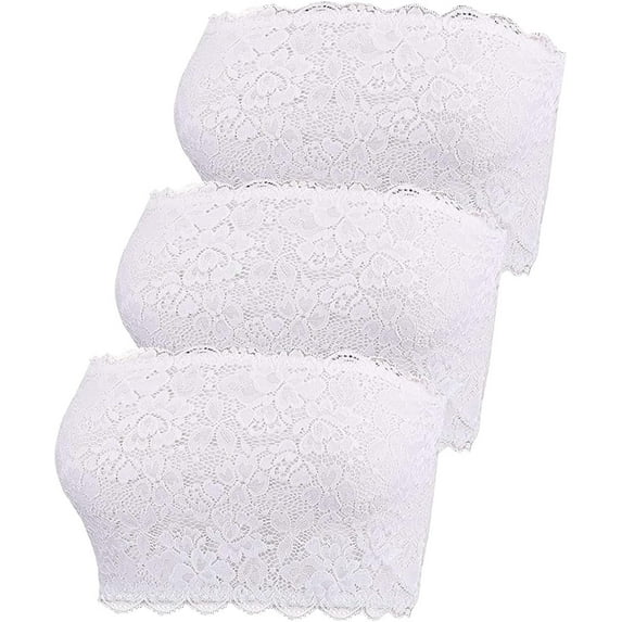 YAKEFJ 3 Pcs Women Lace Strapless Bandeau Bra Seamless Stretchy No Padded Wirefree Tube Top Bras