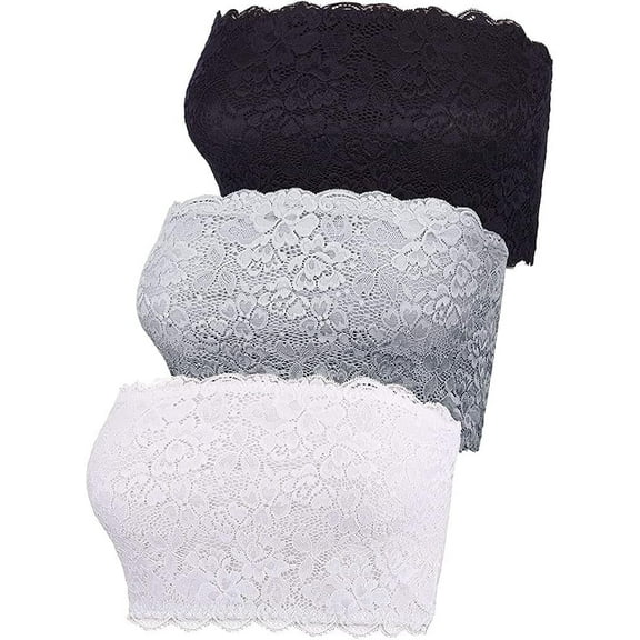 YAKEFJ 3 Pcs Women Lace Strapless Bandeau Bra Seamless Stretchy No Padded Wirefree Tube Top Bras