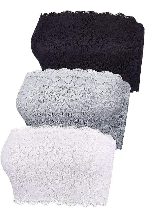 3 Pcs Women Lace Strapless Bandeau Bra Seamless Stretchy No Padded Wirefree Tube Top Bras
