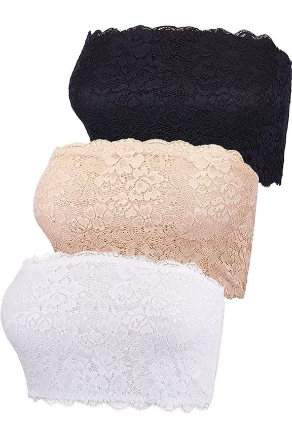 3 Pcs Women Lace Strapless Bandeau Bra Seamless Stretchy No Padded Wirefree Tube Top Bras