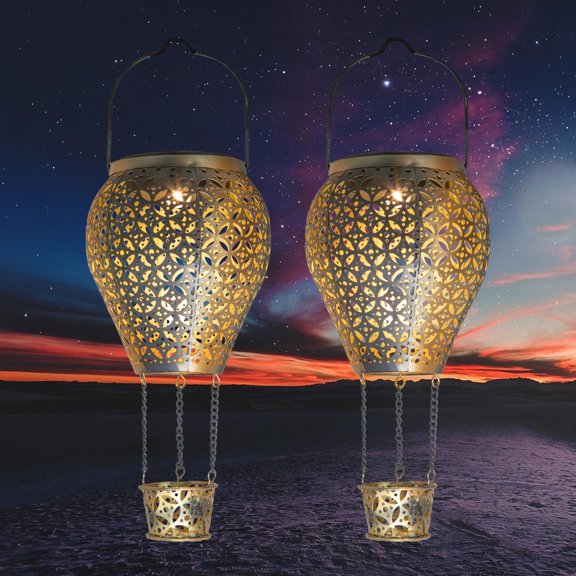 YAKii 2 Pack Hot Air Balloon Solar Lantern Waterproof Outdoor Hanging Solar-Powered Lights for Garden Lawn Yard Patio Decor, Hollow Out Solar Lamp Unique Gifts for Women Mom Grandma Mother'DayGold