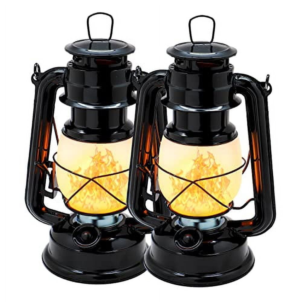 Black Metal LED Vintage Flame Lanterns with Frosted Glass Shade, Pack of 2