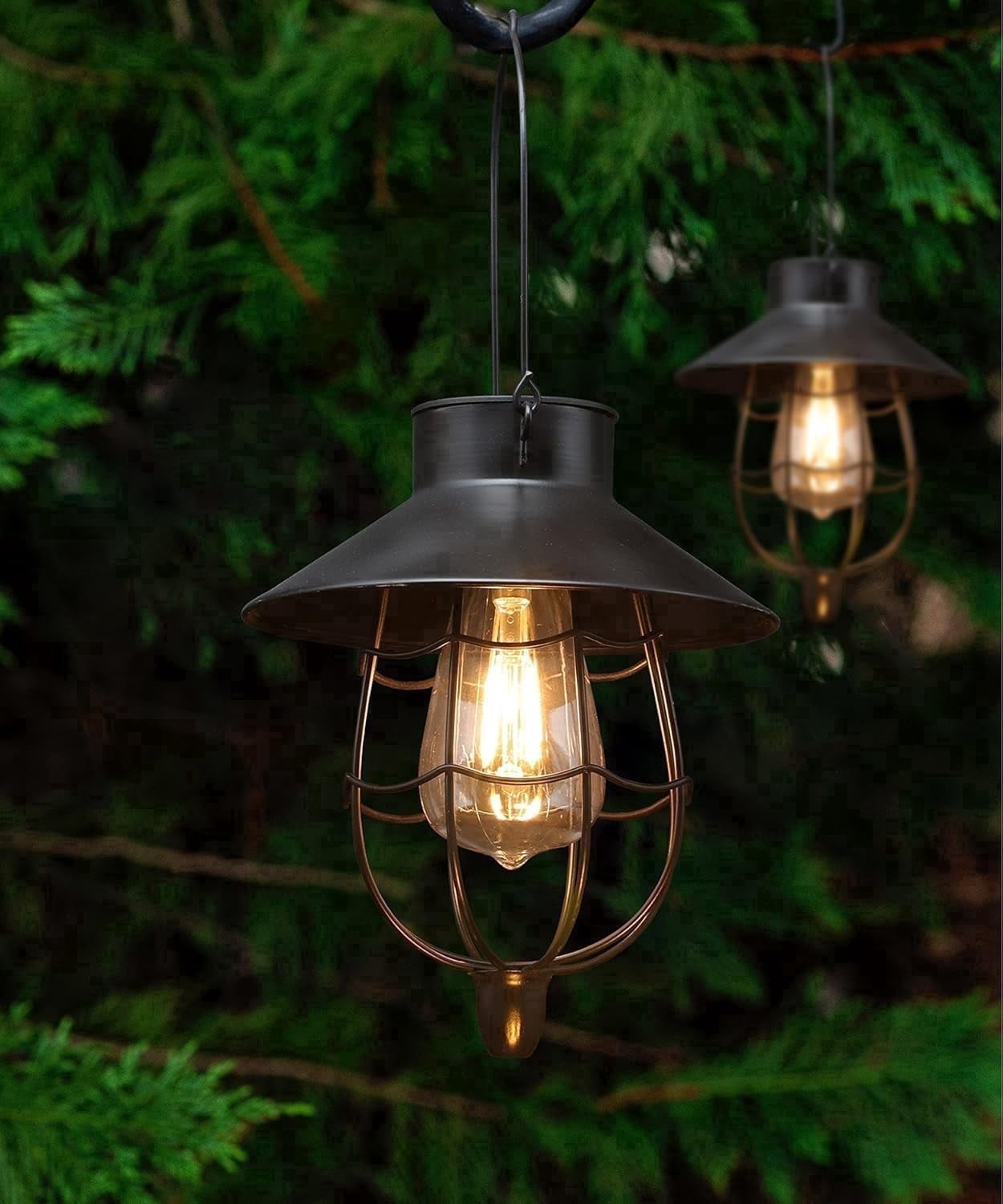 YAKii 2 pack Solar Lantern Hanging Lamp Waterproof Metal Outdoor Light Warm White LED for Yard Garden Pathway Patio Porch Decor, Black