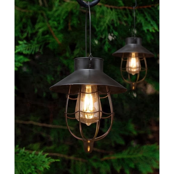 YAKii 2 pack Solar Lantern Hanging Lamp Waterproof Metal Outdoor Light Warm White LED for Yard Garden Pathway Patio Porch Decor, Black