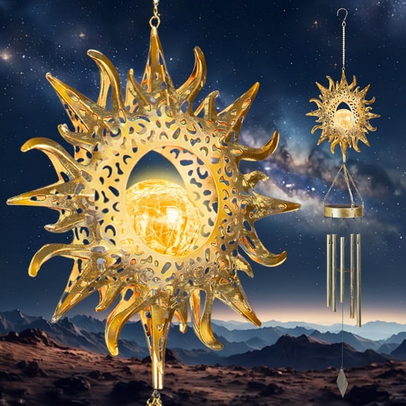 YAKii  Sun Solar Wind Chimes for Outside Lights Prefert Gifts for Mom Wife Unique Crackle Glass LED Warm Light Outdoor Hanging Decor Windchimes for Garden Yard Patio Christmas Birthday Mothers Day