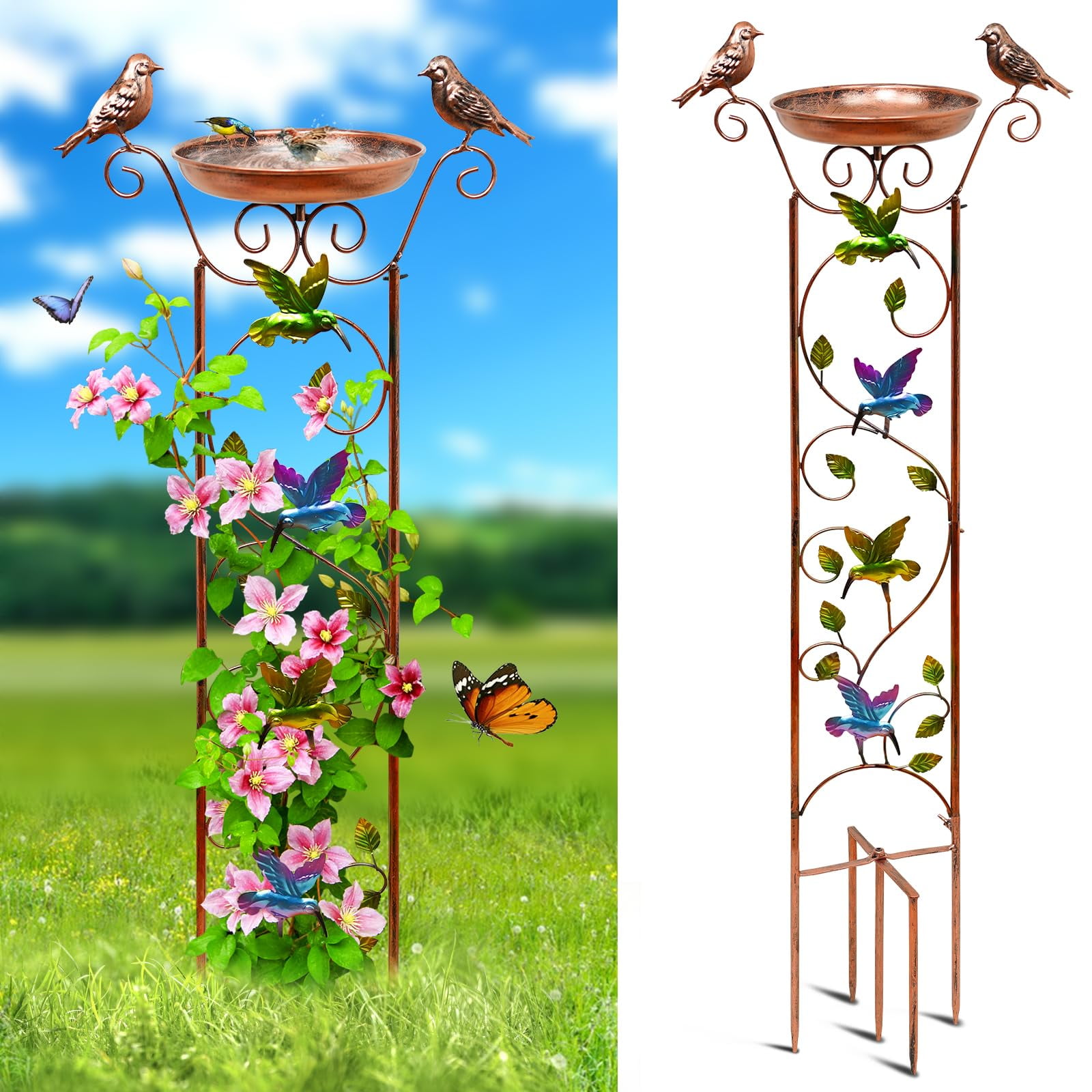 YALINKA Bird Bath Bowl with Garden Trellis Outdoor, Decorative Birdbaths Bowl for Climbing