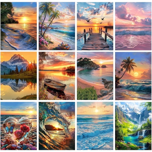 YALKIN 12 Pack 5D Seaside Diamond Art Painting Kits for Unisex Adults Beginners with Full Accessories