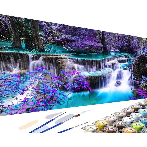 YALKIN Large Painting by Numbers for Adults Canvas Art DIY Paintings for Wall Decor Painting - 90x40cm / 35.4x15.7in - Blue Waterfall Landscape
