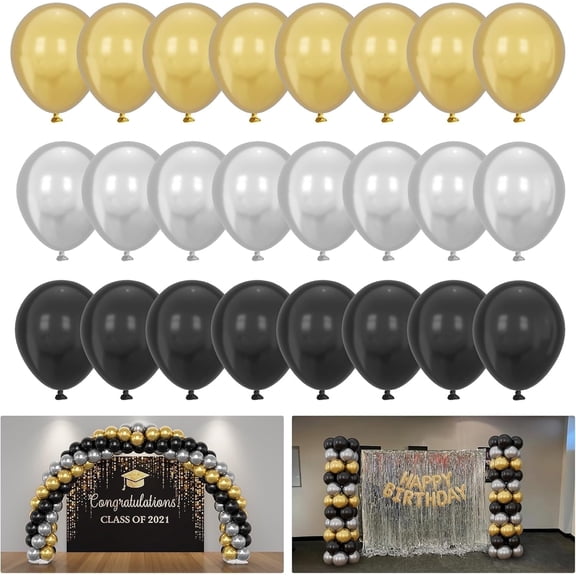 YALLOVE 114 Pack Latex Balloon Sets, 10 in Gold, Silver, and Black Balloon for Grad Party