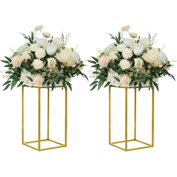 YALLOVE 2 Pack 15.75 Inch Gold Wedding Flower Stand Metal Vase Column Stand Geometric Centerpiece Vase