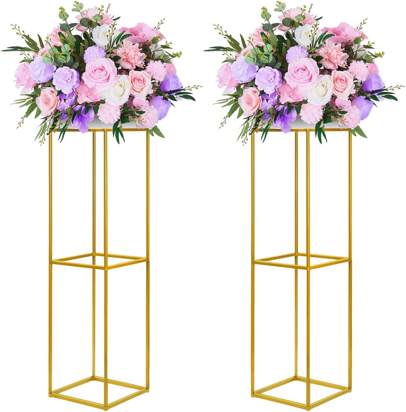 YALLOVE 2 Pcs 31.5 Inch Metal Flower Stand, Gold Centerpieces Vases Stand with Clear Acrylic Sheets