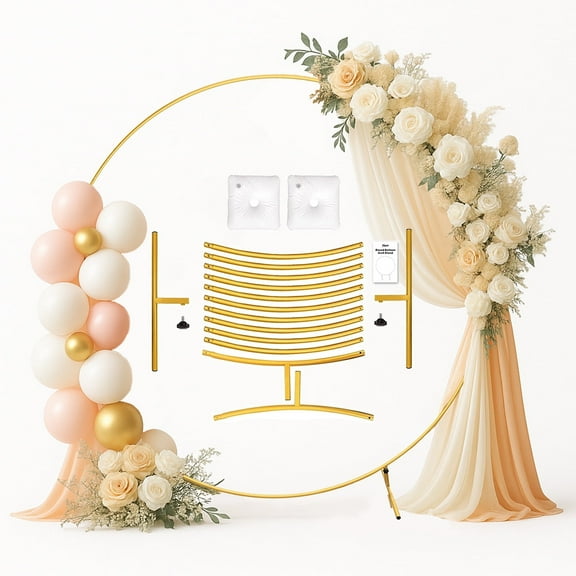 YALLOVE 6 FT Gold Metal Round Arch Stand Kit for Balloon Garland & Backdrop, Includes Water Bags, Ideal for All Party (Balloons & Flowers Not Included)