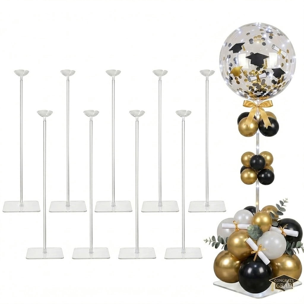 YALLOVE Acrylic Balloon Stands for Table, 15.75 in & 10 Pcs, Adjustable Height And Reusable for Graduation Ceremony
