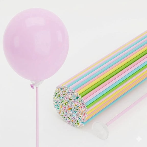YALLOVE Colorful Paper Balloon Sticks with Cups, 15.7", 100 Pieces, Handheld Balloon Holders