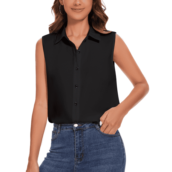 SPRING SEAON Women’s Sleeveless Blouse V Neck Button Down Chiffon Shirt for Women Casual Loose Fit Work Tops with Collar for Office or Daily Wear