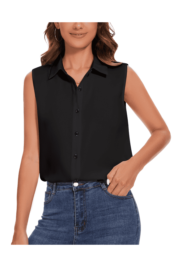 Women’s Sleeveless Blouse V Neck Button Down Chiffon Shirt for Women Casual Loose Fit Work Tops with Collar for Office or Daily Wear