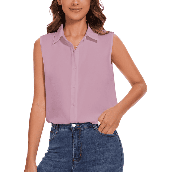 SPRING SEAON Women’s Sleeveless Blouse V Neck Button Down Chiffon Shirt for Women Casual Loose Fit Work Tops with Collar for Office or Daily Wear