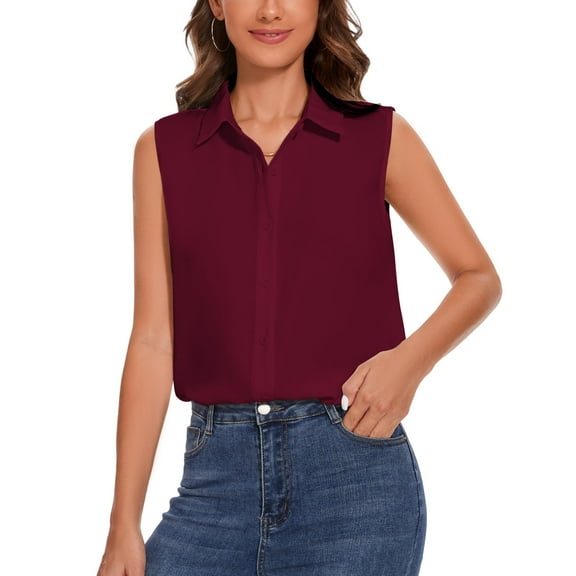 SPRING SEAON Women’s Sleeveless Blouse V Neck Button Down Chiffon Shirt for Women Casual Loose Fit Work Tops with Collar for Office or Daily Wear