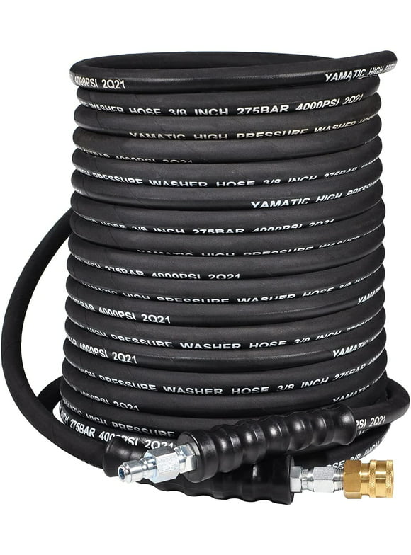 YAMATIC 3/8" Pressure Washer Hose 50 FT with Swivel Quick Connect For Cold & Hot Water Max 250°F, 4000 PSI Commercial Grade Steel Wire Braided & Synthetic Rubber Jacket, Kink-Free