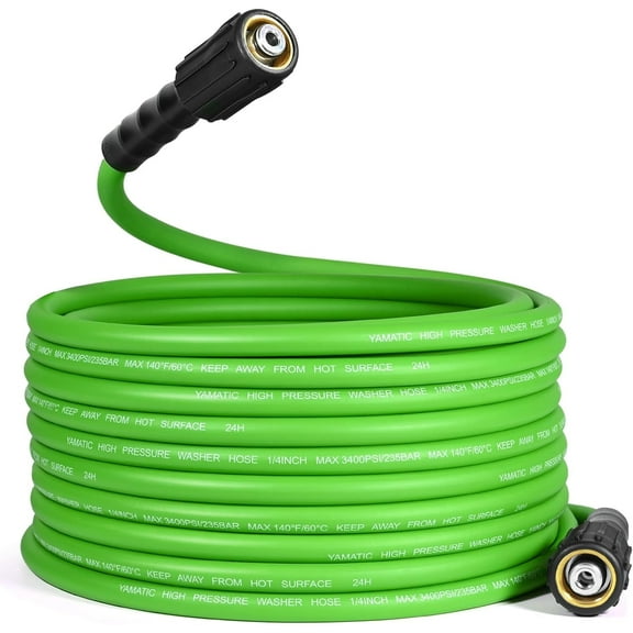 YAMATIC 50FT Pressure Washer Hose, 3400 PSI, 1/4" Kink-Free Power Hose, M22 Fittings, Green