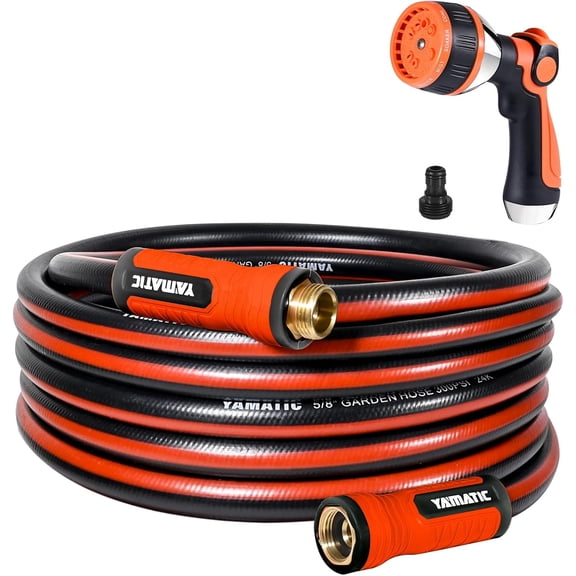 YAMATIC 25 ft x 5/8" Garden Hose, 10-Function Nozzle, Swivel Handle, Kinkless, Leakproof