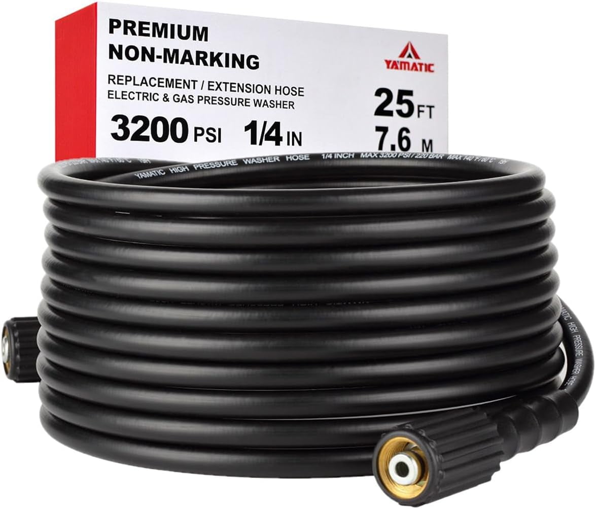 YAMATIC 25FT Black Kink-Resistant Pressure Washer Hose with Brass Fittings
