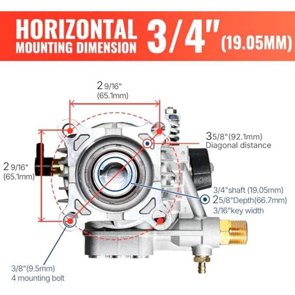 YAMATIC Pressure Washer Pump 3/4" Shaft Horizontal Power Washer Pump Max 3200 PSI 2.5 GPM Replacement Pump with 5 Nozzles Compatible with Simpson 90028, 90029, MSH3125, 520006, Honda GC190 GC160