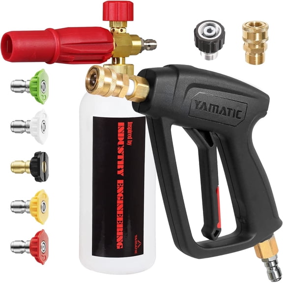 YAMATIC Short Pressure Washer Gun with Foam Cannon, 4000 PSI, M22-14mm & M22-15mm Adapters, Quick Connect