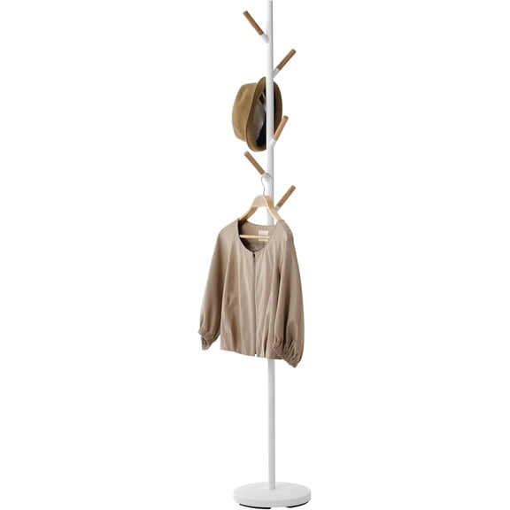 YAMAZAKI Home Freestanding Coat Rack Stand – Modern Coat Tree with Wooden Hooks, Standing Coat Hanger for Entryway, Sturdy Weighted Base, Steel, White, Easy Assembly