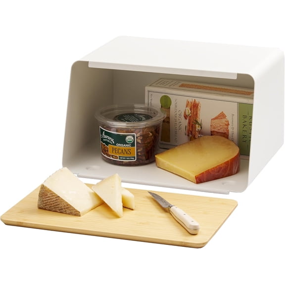 YAMAZAKI Home Tower Metal Bread Box With Removable Bamboo Wooden Cutting Board Lid, Kitchen Storage Box - Steel + Wood