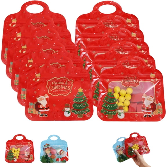 YAMB 10Pcs Christmas Treat Bags with Handle, Santa Printed Ziplock Goodie Bags, Reusable Transparent Window Gift Pouches for Packaging Cookies Chocolate & Holiday Party Favor, Red