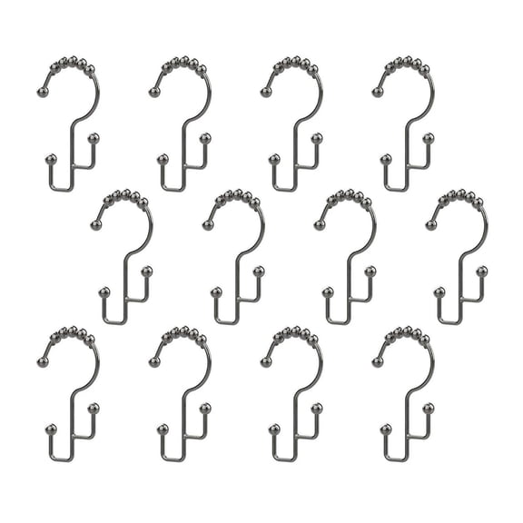 YAMB 12Pcs Matte Satin Nickel Double Shower Hooks, Rust Proof Metal Curtain Hooks with Smooth Rolling Ball, Dual Hook Design for Separating Shower Curtain Liner, Bathroom Shower Rod Accessories