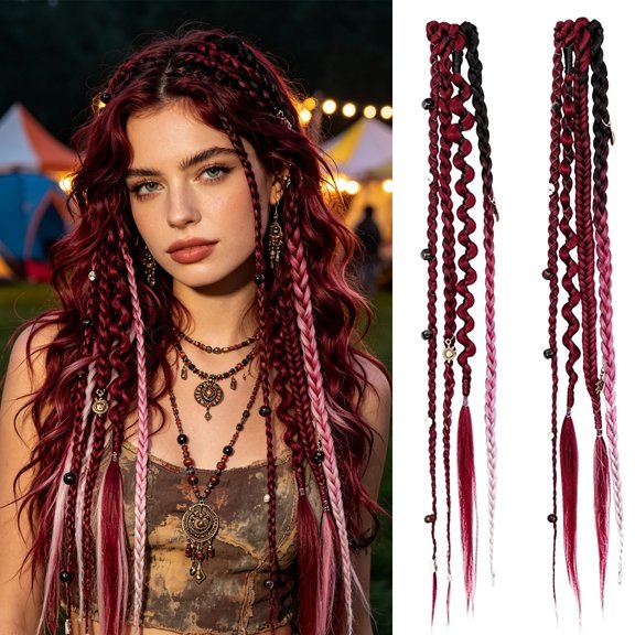 YAMB 16 Inch Boho Beaded Clip-In Hair Braid, Faux Extension Braided Hairpiece with Colorful Beads, Easy Snap-On Wrap Decorative Hair Accessory for Hairstyle Transformation & Holiday Gift Layout