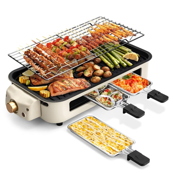 YAMB 2-In-1 Electric Indoor Grill, Dual Function Kitchen Grill with BBQ Mesh & Detachable Non-Stick Cooking Plates, Multi-Purpose Countertop Barbecue Machine for Steak Seafood Daily Home Use