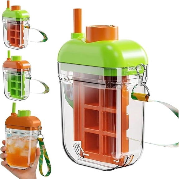 YAMB 2-In-1 Ice Cube Bottle, Ice Cube Cup with Straw, Portable Touch Free Ice Cube Trays with Smooth Grip, Lightweight Press To Release Ice Tray for Home Ice Making Outdoor Picnics Office Use