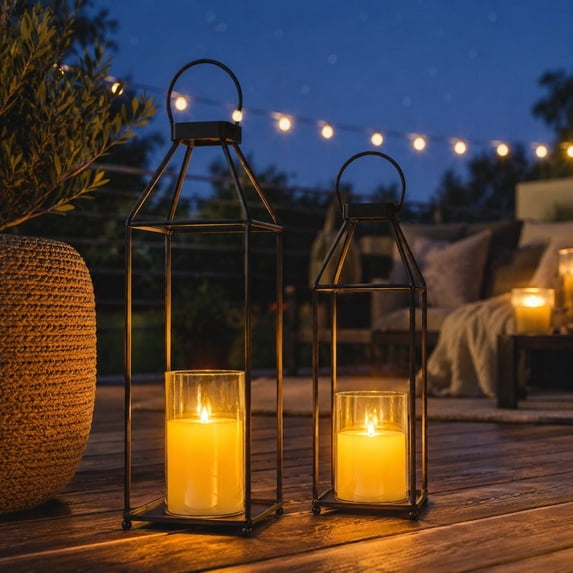 YAMB 2 Pcs Metal Open Frame Candle Holders, Vintage Matte Black Iron LED Candle Stand with 2 Flickering Candles, Dual Height Tabletop & Hanging Ornament with Top Loop for Wedding Home Decor