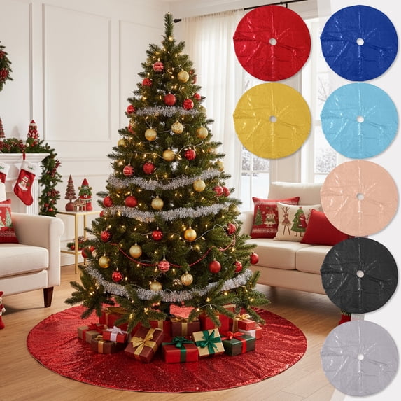 YAMB 21 Inch Round Sequins Christmas Tree Skirt, Sparkling Printed Xmas Tree Base Mat, Non-Fade Washable Holiday Floor Decor Rug for Living Room Bedroom Home Layout
