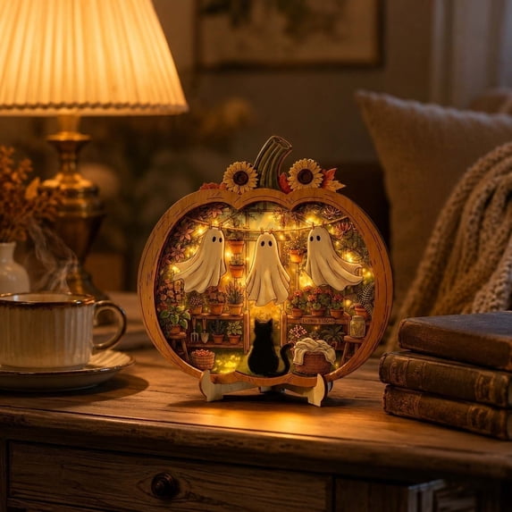 YAMB 2D Layered Wooden Pumpkin Ghost Ornament, Dimensional Cutout Tabletop Decor with Detachable Stand, Cute Spooky Style Decoration with Ghost & Black Cat Scene for Bedroom Home Display